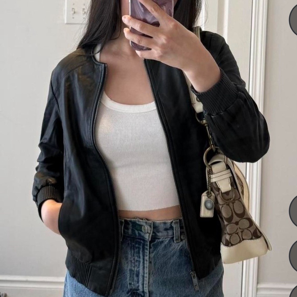 DKNY Leather Black Bomber Jacket